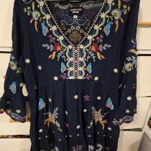Johnny Was Navy Blue Embroidered Long Sleeve Dress